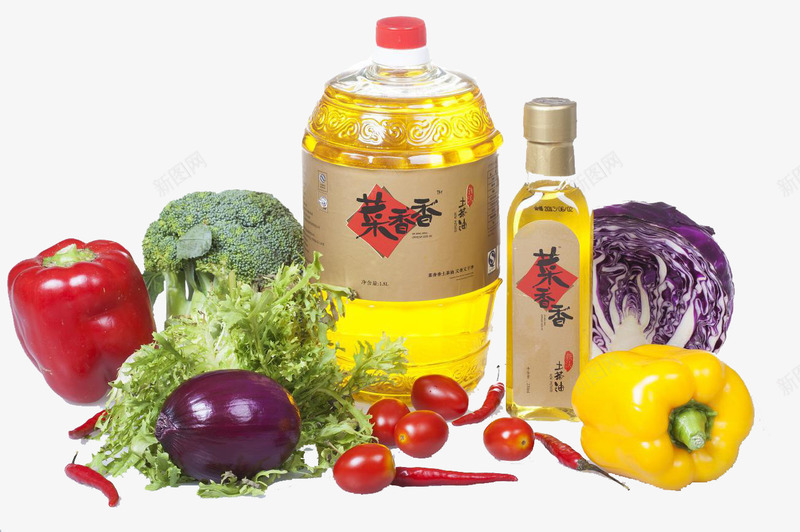 蔬菜食用油png免抠素材_新图网 https://ixintu.com 厨房调料 厨房食用油 小番茄 油 篮子 菜叶 蔬菜 西兰花 青椒 食用油