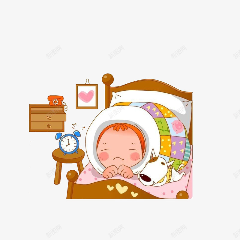 蜷缩在床上的女孩png免抠素材_新图网 https://ixintu.com 卡通手绘 柜子 蜷缩的人 裹成一团的女孩 闹钟