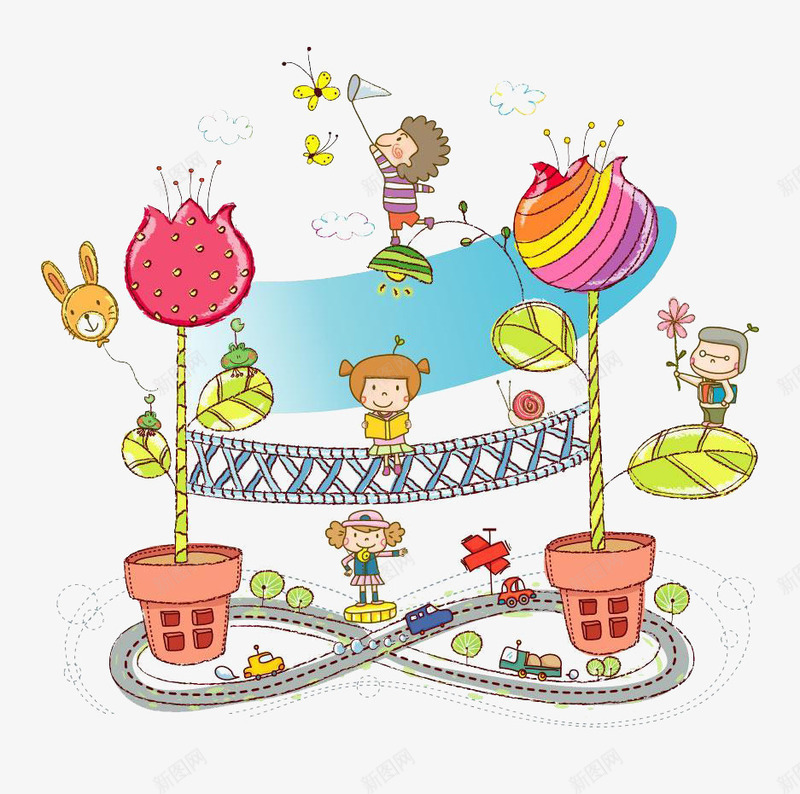 卡通轨道花园png免抠素材_新图网 https://ixintu.com 春天 花园 蝴蝶 轨道
