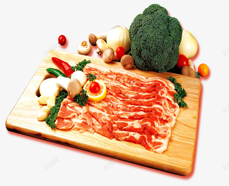 韩国美食psd免抠素材_新图网 https://ixintu.com 猪肉 生姜 砧板 花椰菜 韩式料理