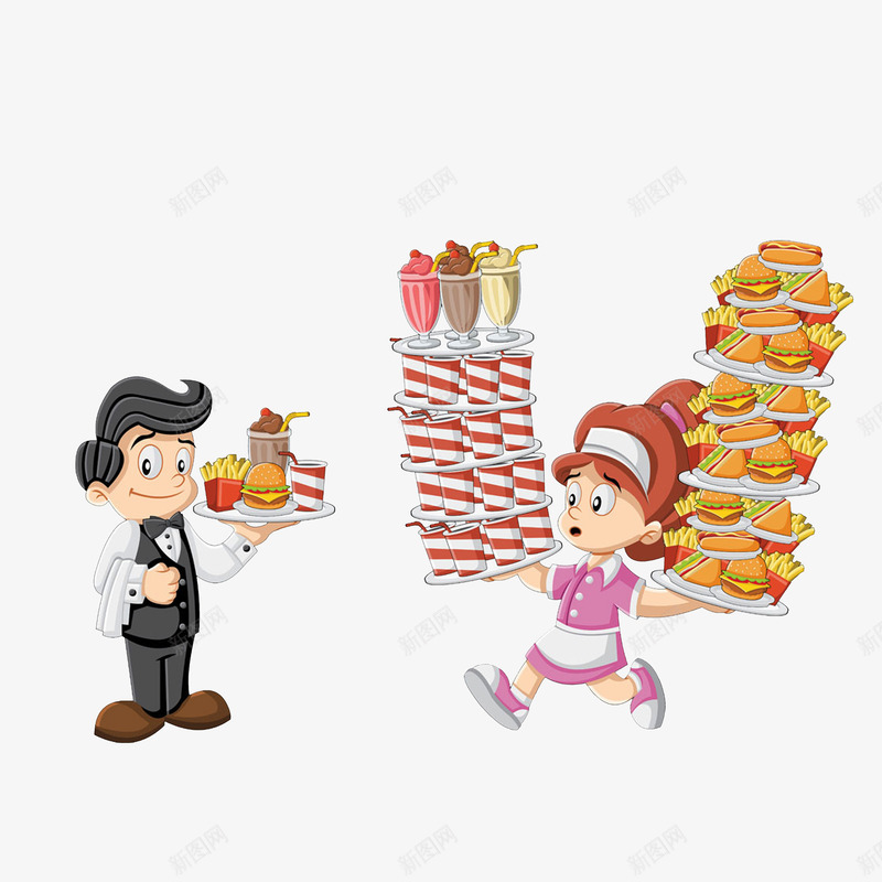 手托送餐的女孩和男孩psd免抠素材_新图网 https://ixintu.com 手托东西 手托很多东西的女孩 汉堡薯条 绅士送餐的男孩
