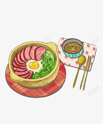 舌尖的满足png免抠素材_新图网 https://ixintu.com 卡通 猪肉 石板饭 筷子 食物