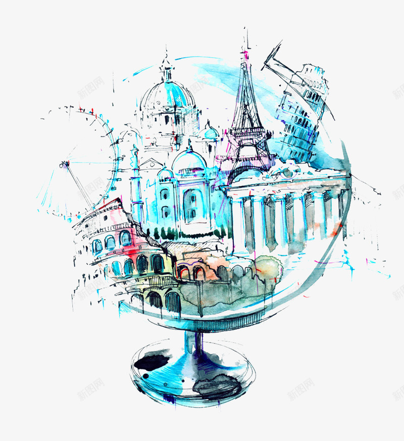 地球仪上的城市png免抠素材_新图网 https://ixintu.com 创意 地球仪 城市 建筑 手绘 蓝色 速写