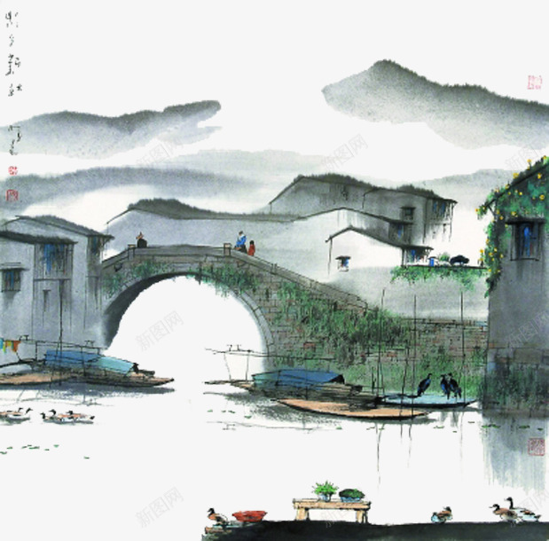 桥与流水png免抠素材_新图网 https://ixintu.com 与块面 对比 水墨桥 线 组成了 美
