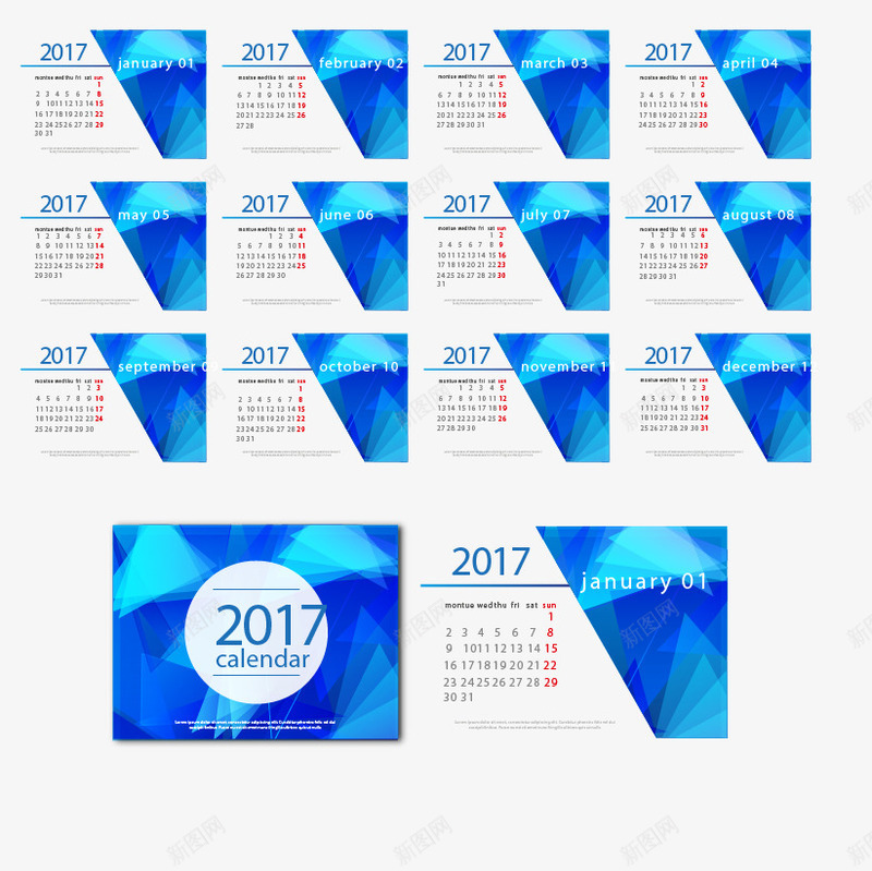 蓝色几何三角背景日历矢量图ai免抠素材_新图网 https://ixintu.com 2017年日历 免扣png素材 免费png素材 商务几何日历 新年日历 蓝色日历 矢量图