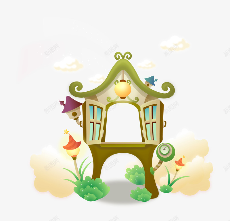卡通窗外元素矢量图ai免抠素材_新图网 https://ixintu.com 云朵 卡通风格 窗户 绿叶 草丛 矢量图