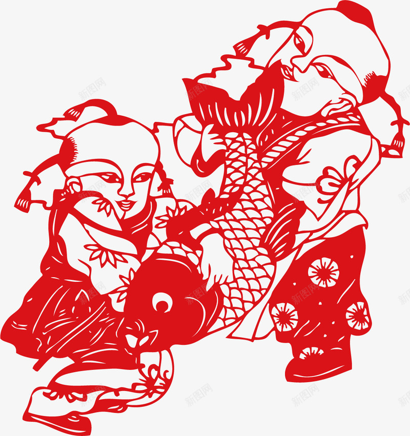 剪纸抱鲤鱼png免抠素材_新图网 https://ixintu.com 剪纸 抱鲤鱼