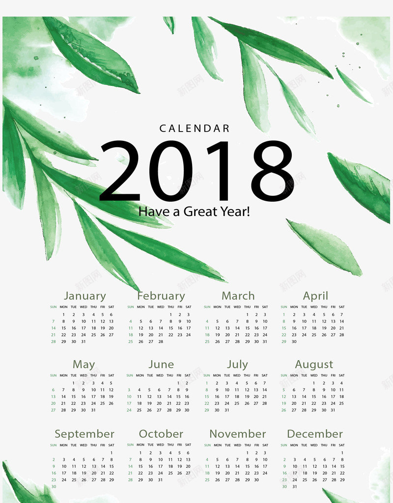 绿色树叶2018日历矢量图ai免抠素材_新图网 https://ixintu.com 2018日历 日历 树叶日历 水彩日历 矢量png 矢量图