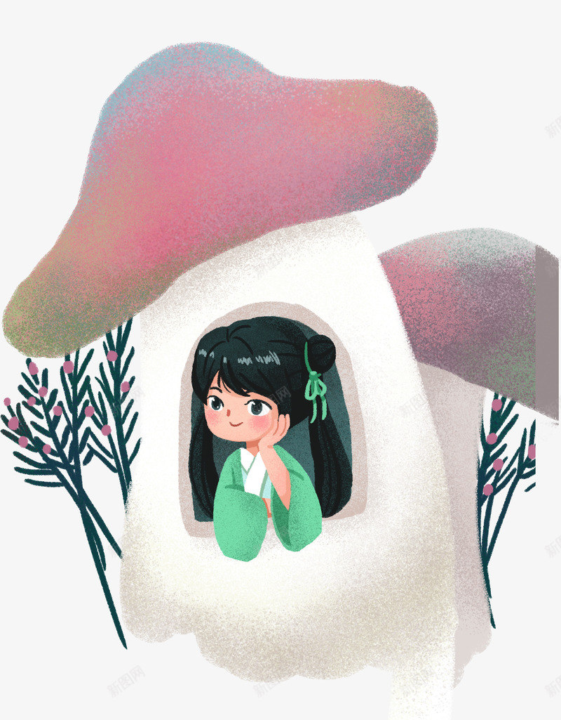 卡通手绘插画童趣蘑菇女孩png免抠素材_新图网 https://ixintu.com 卡通 复古 女孩 小女孩 手绘 插画 文艺 童趣 蘑菇