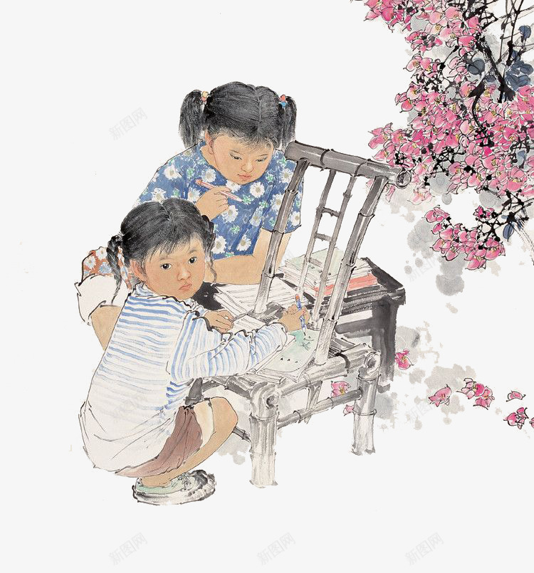 趴在凳子上做功课png免抠素材_新图网 https://ixintu.com 复习功课 女孩 学子 看书 竹凳 花园