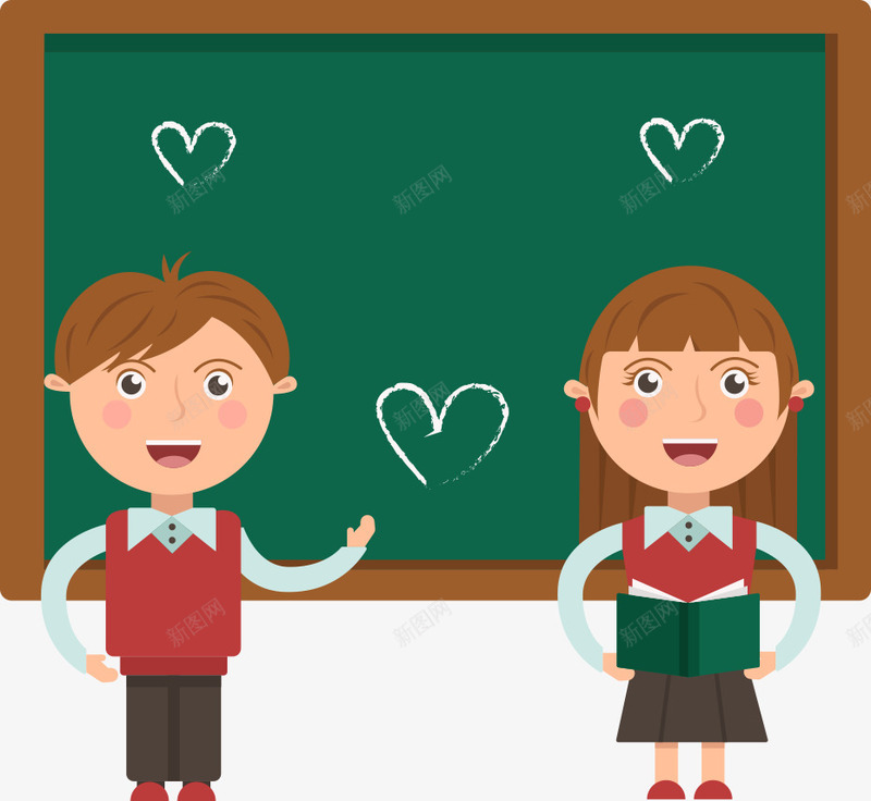 黑板上的爱心与学生png免抠素材_新图网 https://ixintu.com 人物 人物插画 卡通人物 学生 爱心 矢量人物 黑板