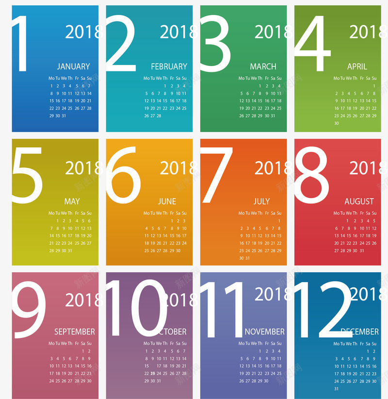 彩色矩形块2018日历矢量图ai免抠素材_新图网 https://ixintu.com 2018日历 彩色日历 日历 矢量png 矩形块 矢量图