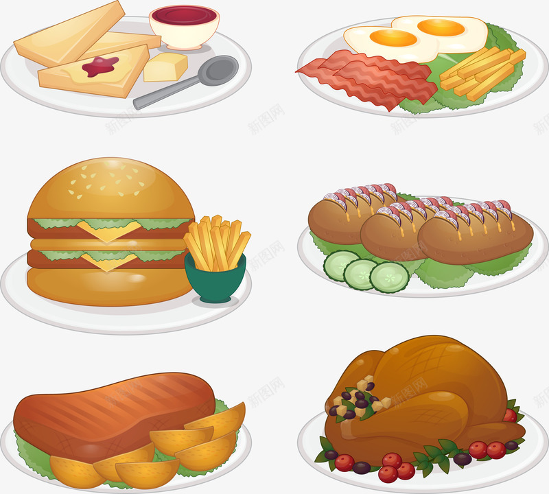 手绘食物矢量图ai免抠素材_新图网 https://ixintu.com 培根 手绘 汉堡 烤鸡 煎蛋 美食 薯条 食物 矢量图