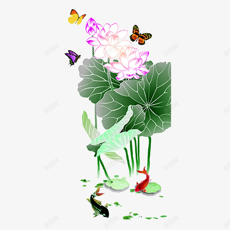 荷花蝴蝶鲤鱼png免抠素材_新图网 https://ixintu.com 池塘荷花 荷花 荷花一景