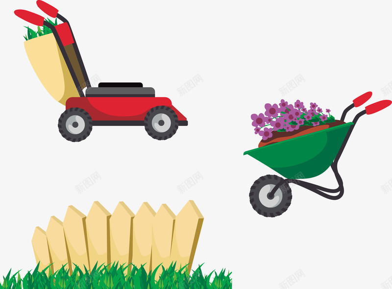 花园工具矢量图ai免抠素材_新图网 https://ixintu.com 小推车 栅栏 花圃 矢量图