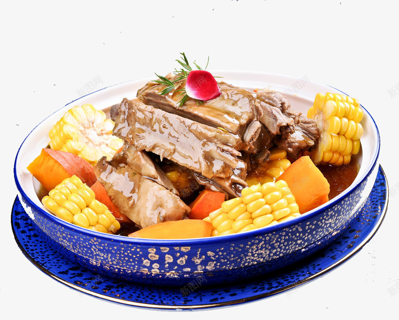 青色花纹盘子里的玉米胡萝卜排骨png免抠素材_新图网 https://ixintu.com 产品实物 排骨汤 玉米 盘子 胡萝卜 青色花纹