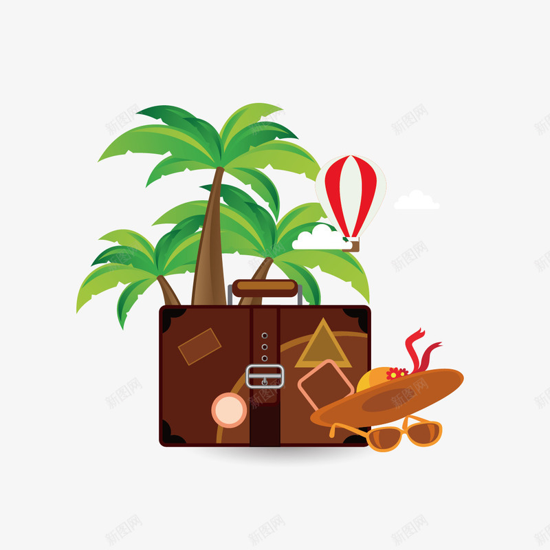 椰子树和旅行用品png免抠素材_新图网 https://ixintu.com 出游 卡通 卡通椰子树 帽子 椰子树 行李