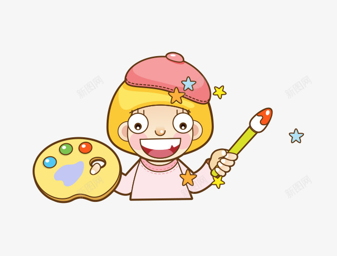卡通女孩颜料板颜料笔png免抠素材_新图网 https://ixintu.com 卡通女孩 星星 画画 美术 颜料板 颜料笔