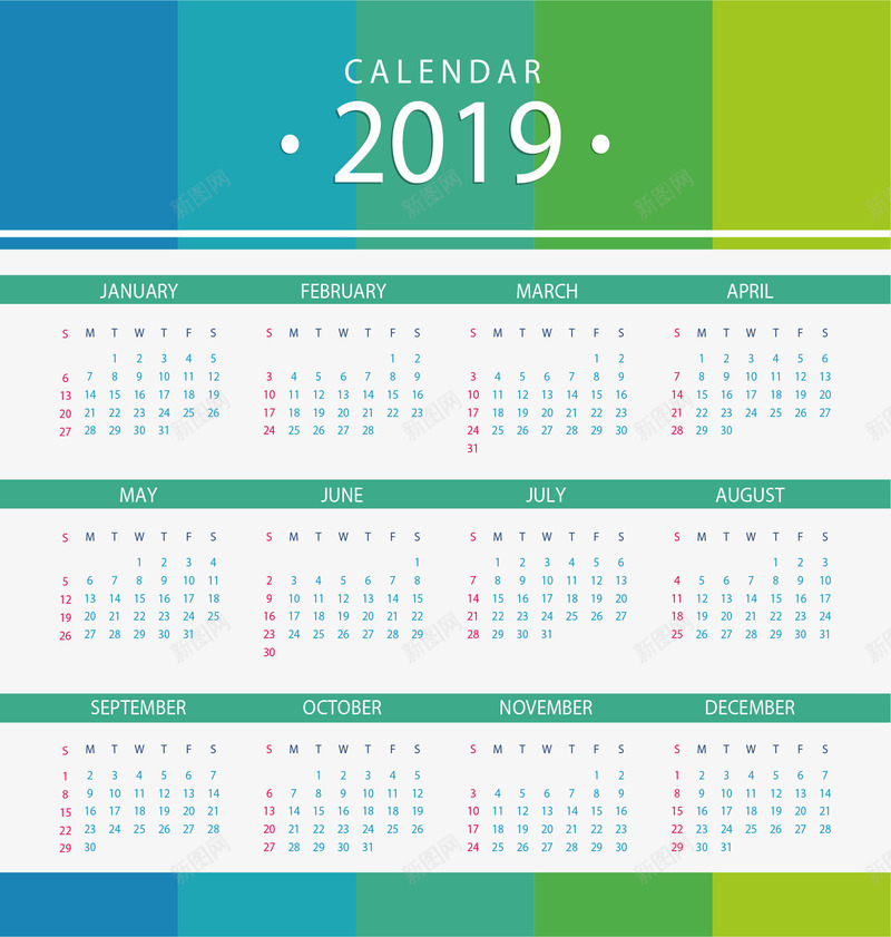 蓝绿色2019年日历矢量图ai免抠素材_新图网 https://ixintu.com 2019日历 新年日历 日历 矢量png 蓝绿色日历 矢量图