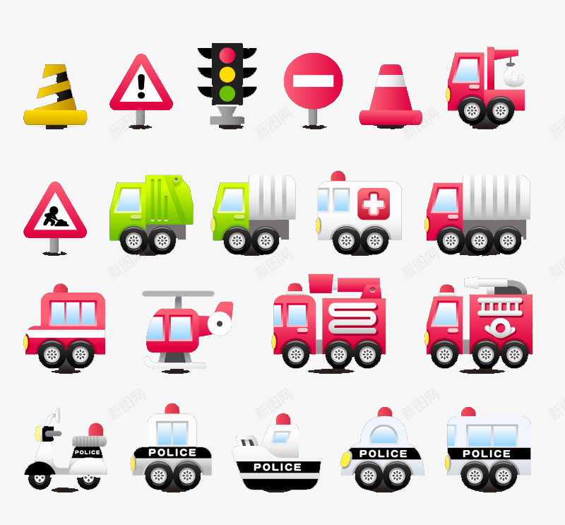 童趣车辆图标png_新图网 https://ixintu.com 消防车 电动车 直升飞机 童趣 红绿灯 警车 路障 车辆