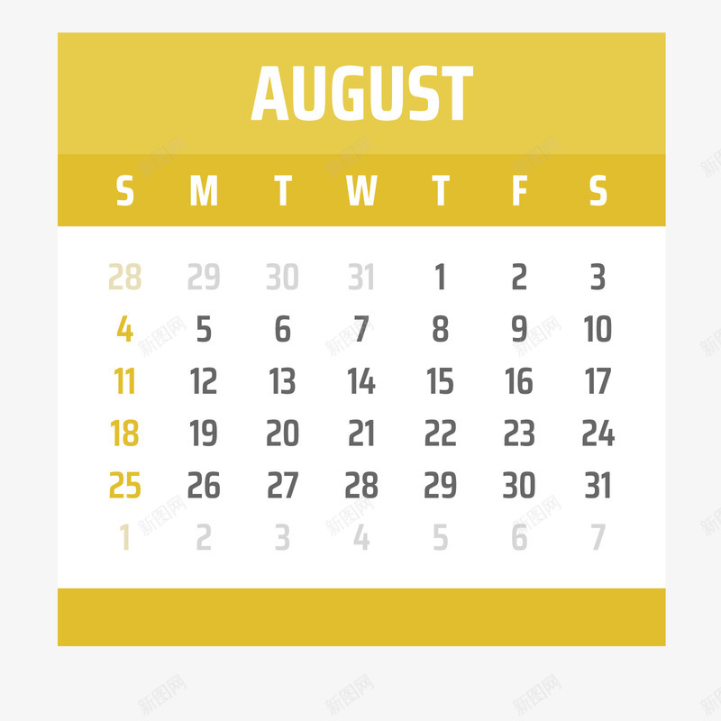黄白色2019年8月日历矢量图ai免抠素材_新图网 https://ixintu.com 2019年 8月 8月日历 日常 白色 黄色 矢量图