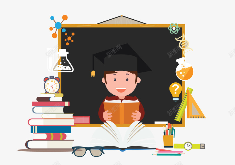 读书教育png免抠素材_新图网 https://ixintu.com 功课 化学 博士 学习功课 教育 眼镜 返校 闹钟 黑板