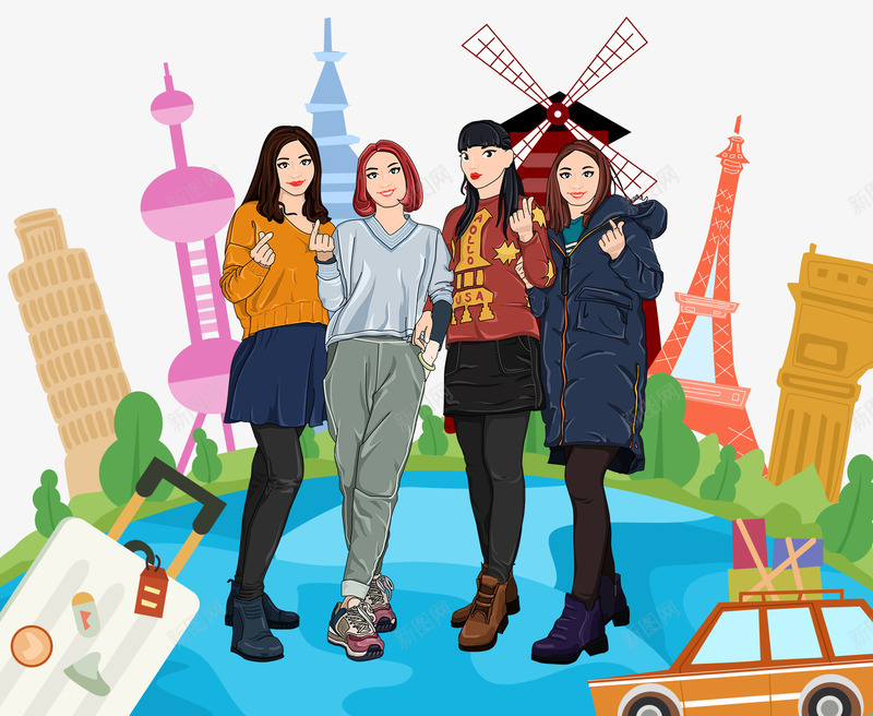 手绘插图户外国际游合照的朋友们png免抠素材_新图网 https://ixintu.com 合照 国际游 户外 手绘插图 朋友们 比心
