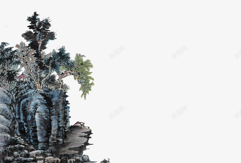 国画山石png免抠素材_新图网 https://ixintu.com 山 树木 青色