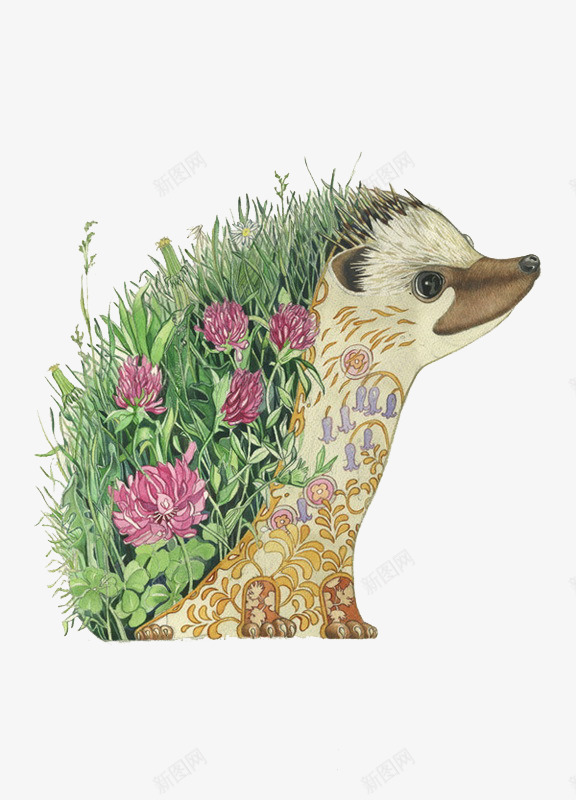 刺猬png免抠素材_新图网 https://ixintu.com 刺 动物 手绘 草丛 鲜花