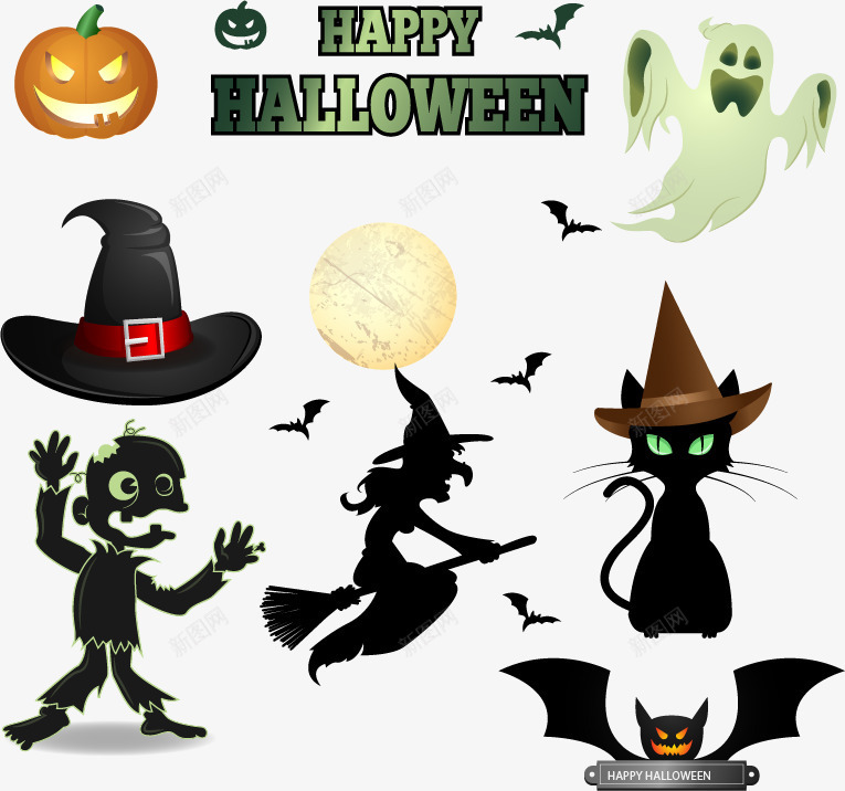万圣节元素png免抠素材_新图网 https://ixintu.com 万圣节HALLOWEEN巫婆黑猫南瓜蝙蝠幽灵