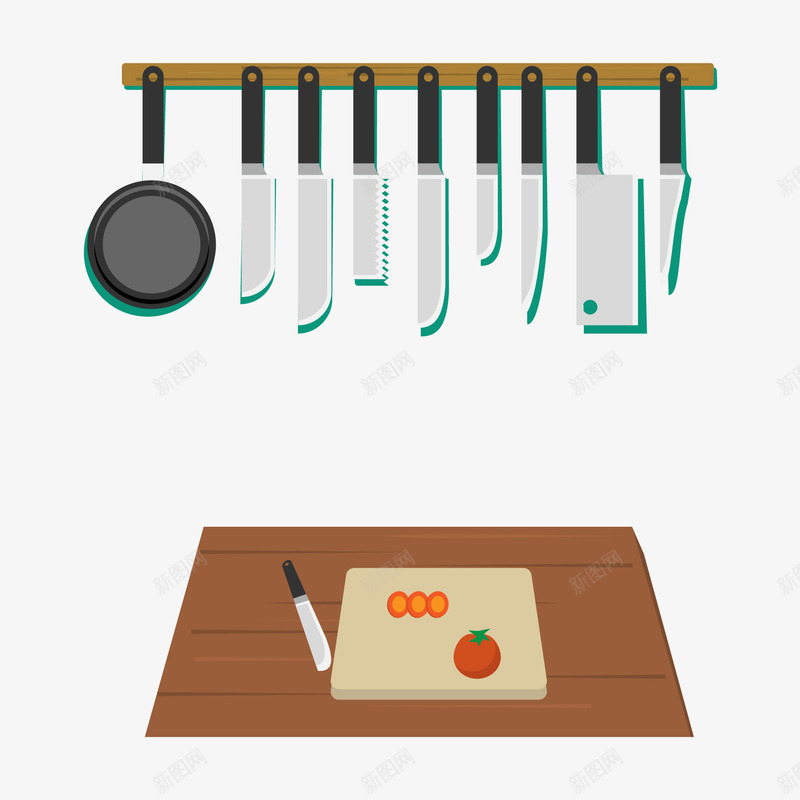 厨房用具png免抠素材_新图网 https://ixintu.com 刀具 垫板 煎锅 番茄