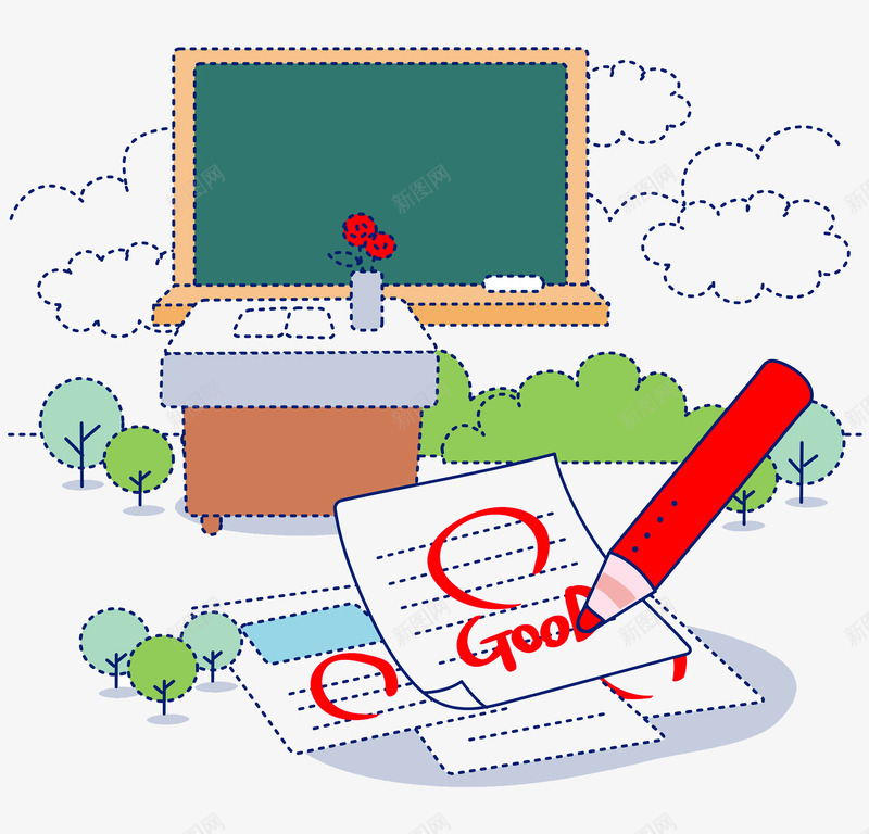 卡通批改场景图png免抠素材_新图网 https://ixintu.com 创意的 卡通 批改 插图 红笔 讲桌 试卷 黑板