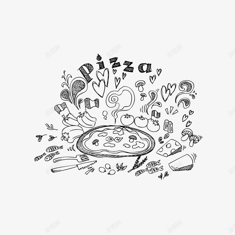 手绘披萨和蔬菜png免抠素材_新图网 https://ixintu.com 手绘披萨 披萨 蔬菜