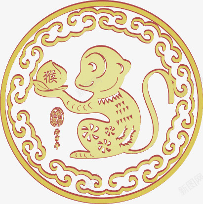 猴子png免抠素材_新图网 https://ixintu.com 中国剪纸技术 传统民间工艺 剪纸 桃子 祥云 金猴抱桃 金色剪纸