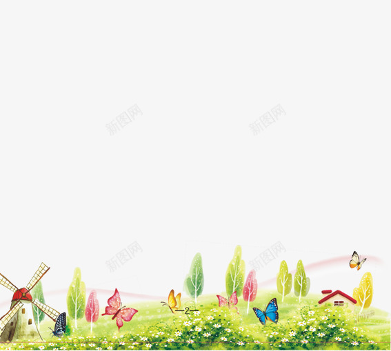 花丛png免抠素材_新图网 https://ixintu.com 卡通植物 卡通绿叶 卡通蝴蝶 卡通风车 卡通鲜花 叶子 粉色 绿色 花 蓝色