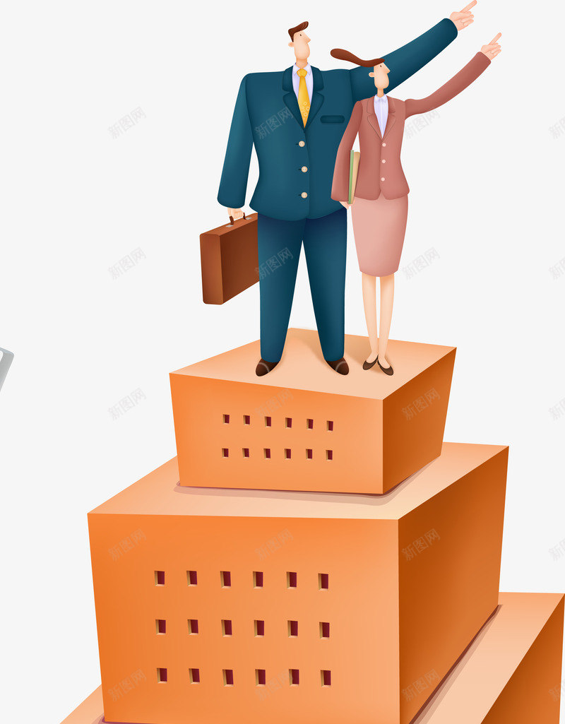 卡通职员站在高楼建筑png免抠素材_新图网 https://ixintu.com PNG 卡通职员 女性 指天 男性 高楼建筑