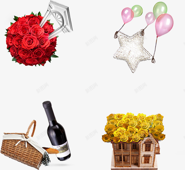 玫瑰花气球红酒图标png_新图网 https://ixintu.com 气球 玫瑰花 篮子 红酒