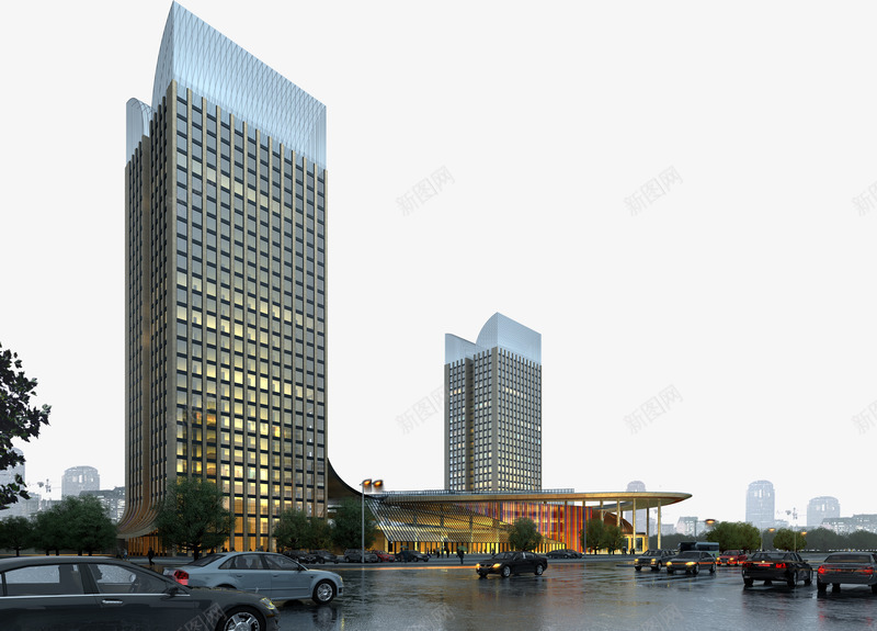 雨中的建筑psd免抠素材_新图网 https://ixintu.com 城市高楼 湿湿的地面 雨中的建筑 高楼大厦