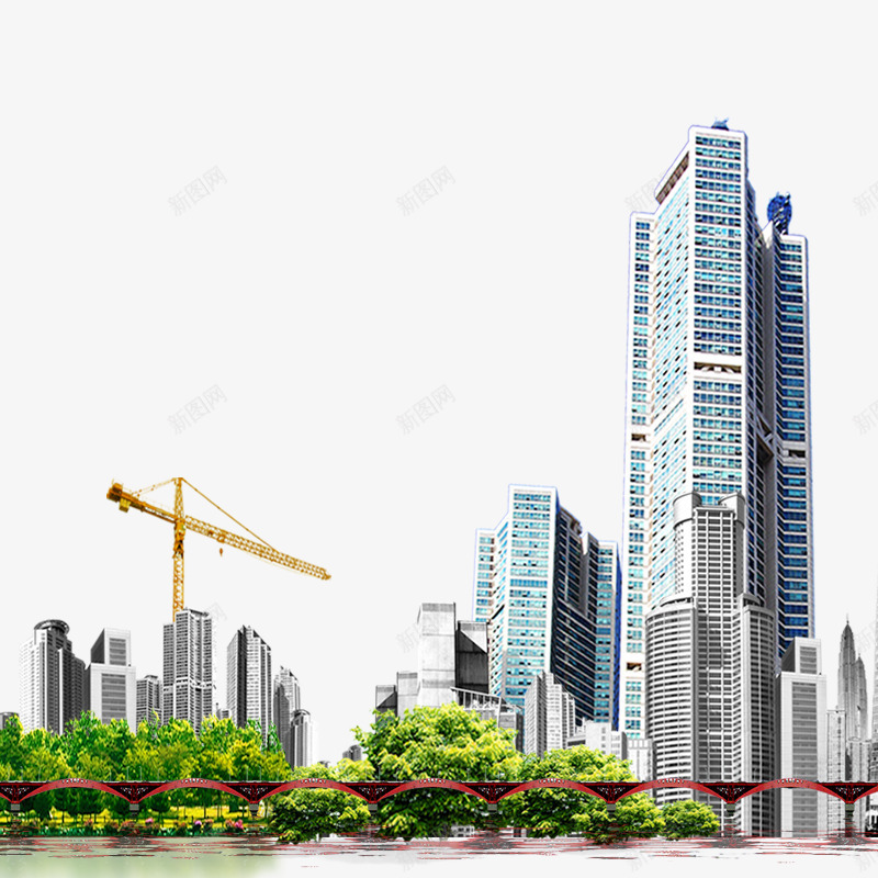 正在建筑中的城市psd免抠素材_新图网 https://ixintu.com 房产 桥梁 绿色 高楼
