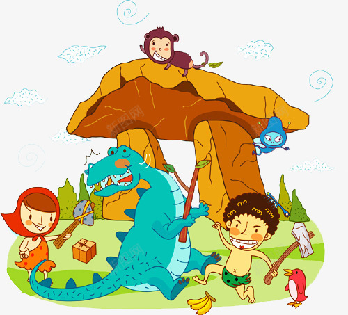 手绘卡通动漫插画png免抠素材_新图网 https://ixintu.com 小孩 恐龙 插画 猴子 绘画
