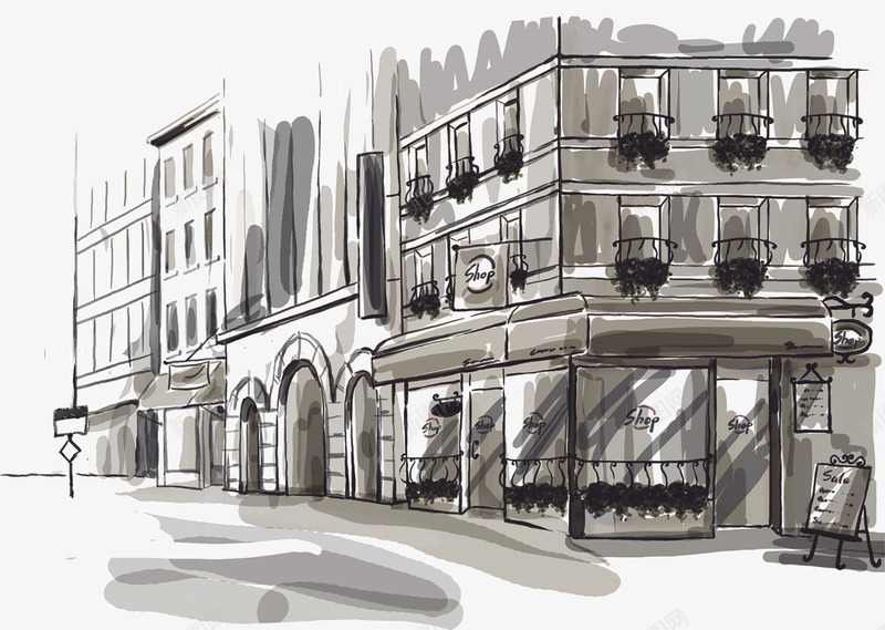 素描街边商店转角png免抠素材_新图网 https://ixintu.com 商店 素描 街边 转角