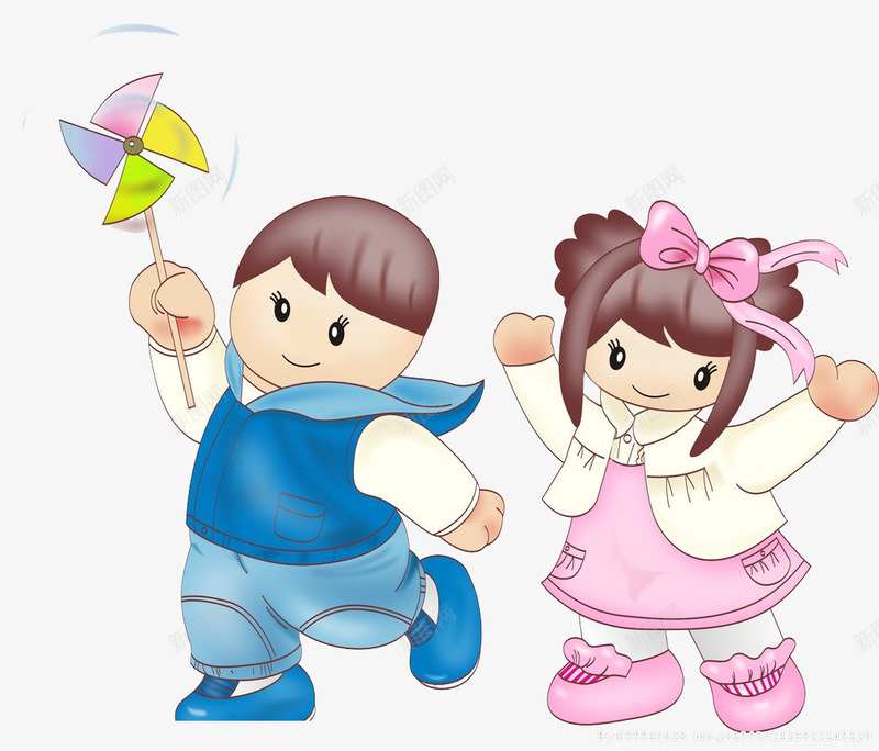 拿着风车玩耍的卡通男孩女孩png免抠素材_新图网 https://ixintu.com 卡通 女孩 男孩 风车