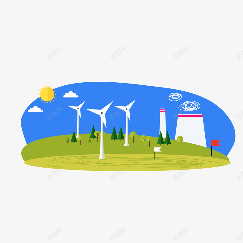 卡通发电工厂风景矢量图ai免抠素材_新图网 https://ixintu.com 卡通 发电 工厂 扁平化 风景设计 风车 矢量图