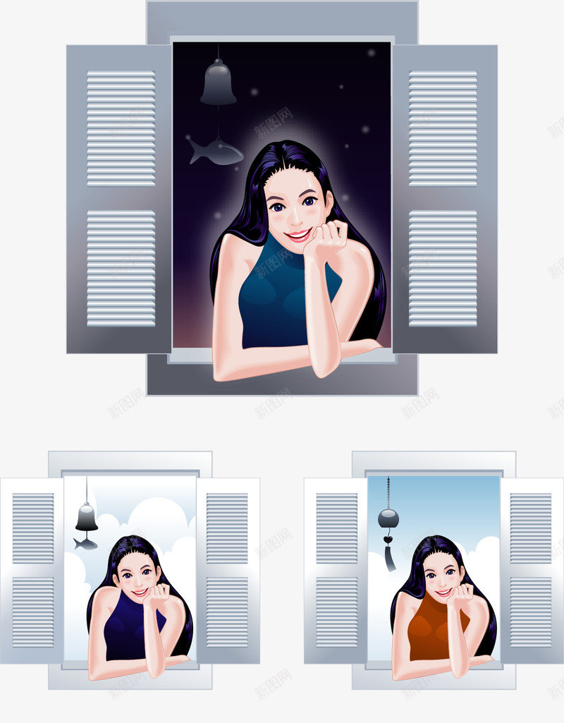 窗户矢量图ai免抠素材_新图网 https://ixintu.com 免费矢量下载 室内美女 插画 窗户 长发美女 矢量图