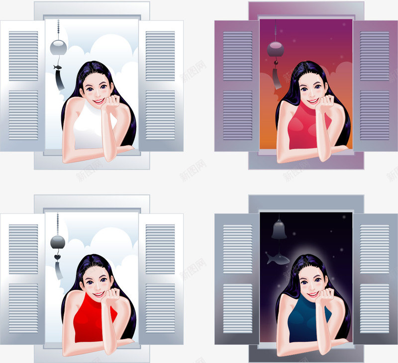 窗户矢量图ai免抠素材_新图网 https://ixintu.com 免费矢量下载 室内美女 插画 窗户 长发美女 矢量图