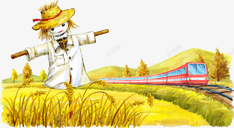 稻田里的稻草人png免抠素材_新图网 https://ixintu.com 卡通稻草人 火车 稻田下载 稻田插画 稻草 稻草人 红色火车