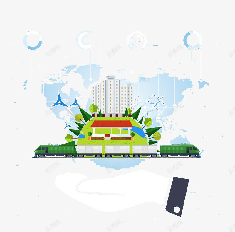 卡通火车站与世界地图png免抠素材_新图网 https://ixintu.com 手 火车 铁轨