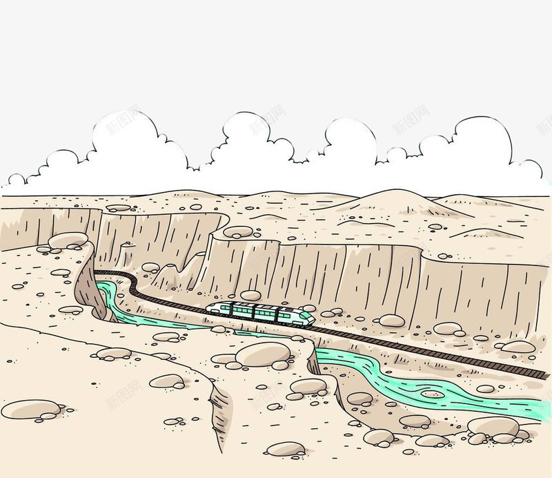 手绘江水铁轨png免抠素材_新图网 https://ixintu.com 手绘 江水 江面 火车 铁路 风景 黄色
