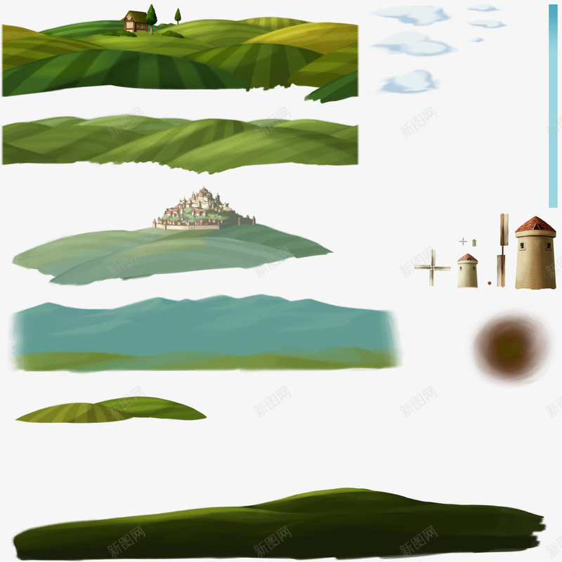 景物西方建筑场景png免抠素材_新图网 https://ixintu.com 卡通树木 吊灯 小树 小草 房子 抽象 枯树 草地 风车