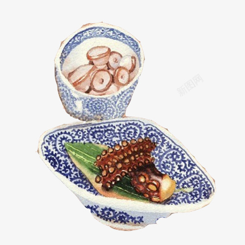生章鱼手绘画片png免抠素材_新图网 https://ixintu.com 手绘美食 生鱼片 章鱼 青花瓷碗 香菇片